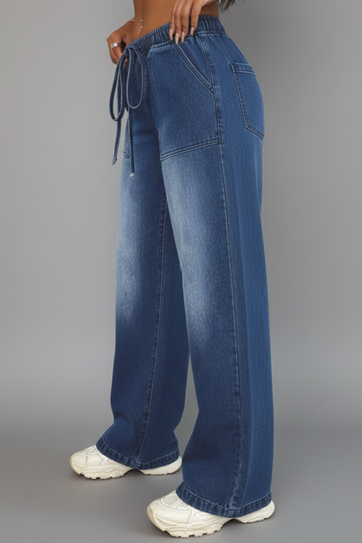 Lauren Women's Casual Wide-Leg Trousers - Comfortable Drawstring Waist & Stylish Patch Pockets