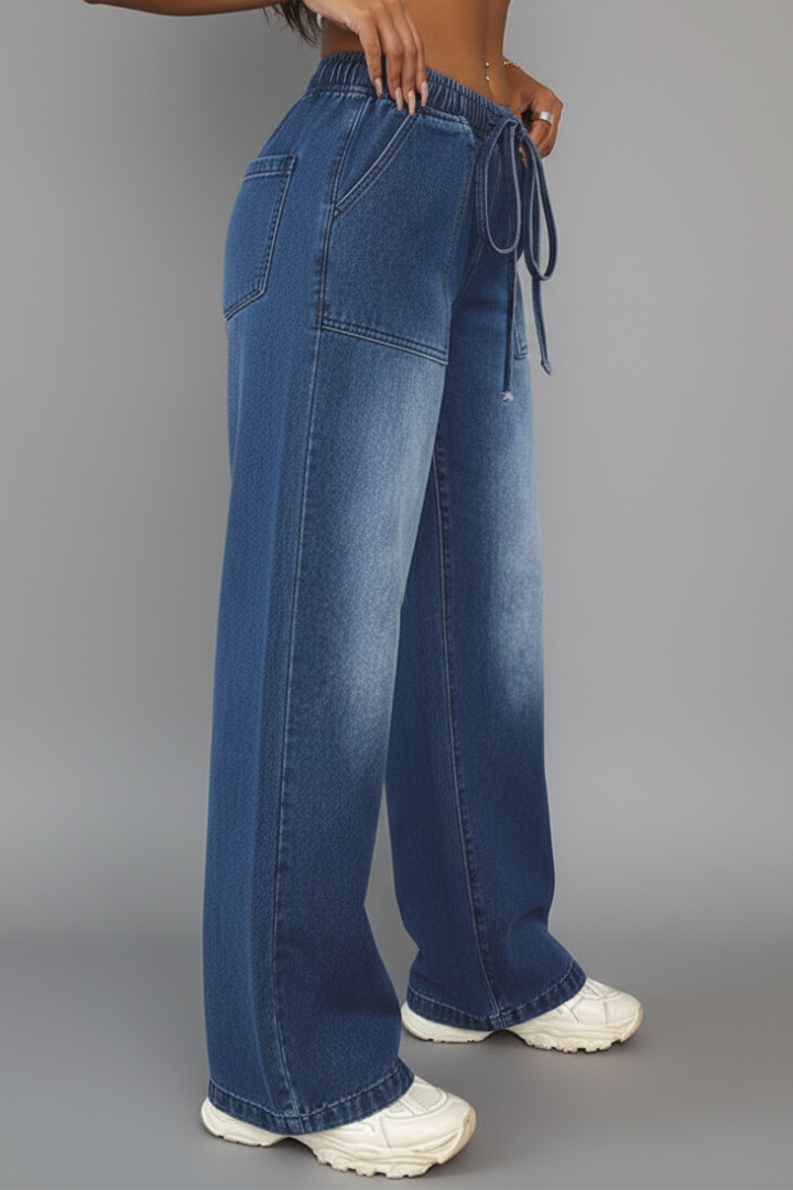 Lauren Women's Casual Wide-Leg Trousers - Comfortable Drawstring Waist & Stylish Patch Pockets