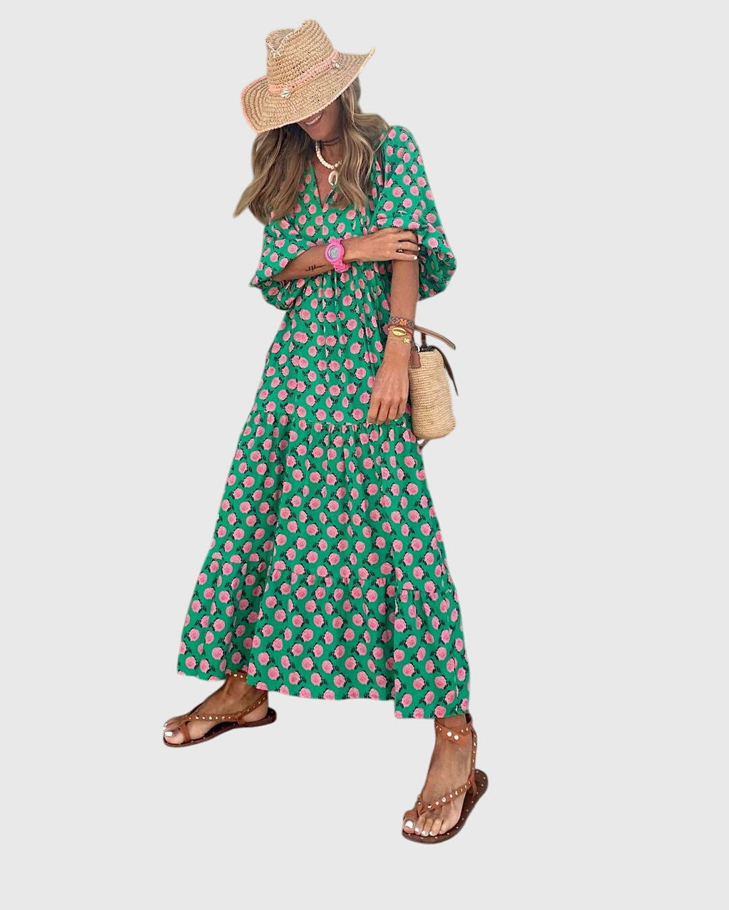 Sarah Boho Maxi Dress - Elegant Floral Print, Lightweight Fabric, Perfect for Summer & Beach Wear