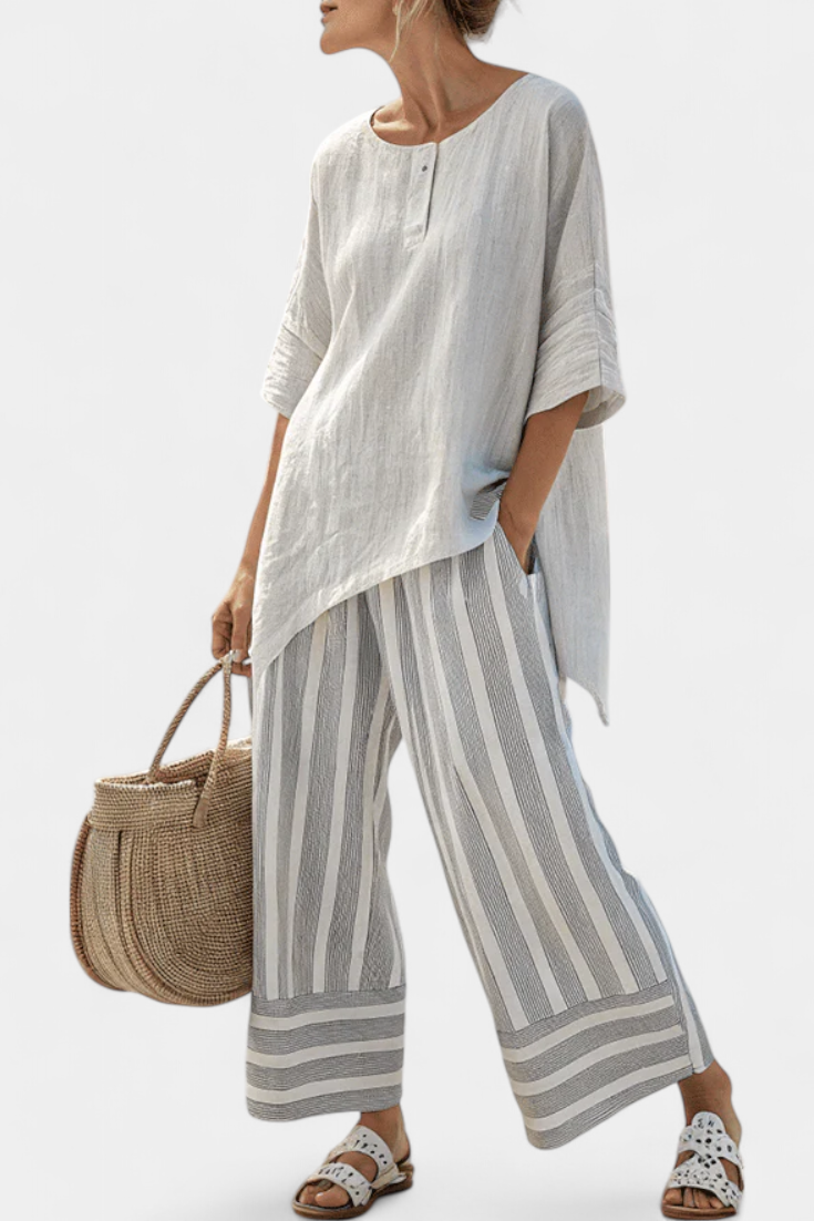 Talvora Elegant Asymmetrical Blouse & Striped Pants Set - Chic Women's Fashion Outfit