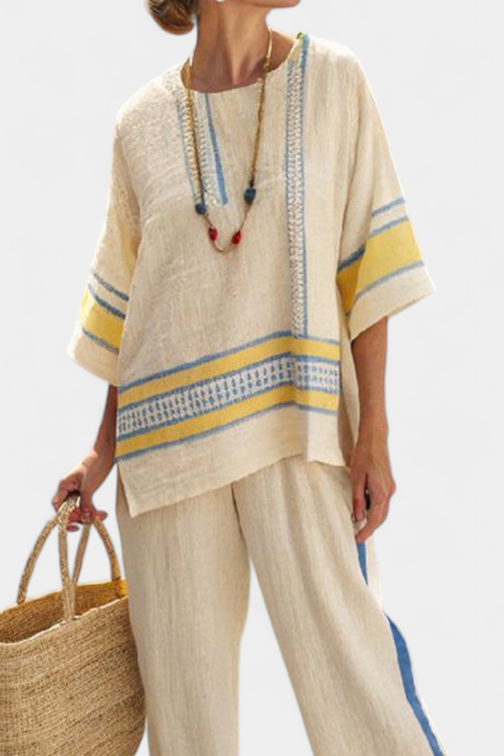 Jaxmere Comfortable Blue & Yellow Mediterranean-Inspired Top with Linen Pants Set - Stylish Summer Outfit