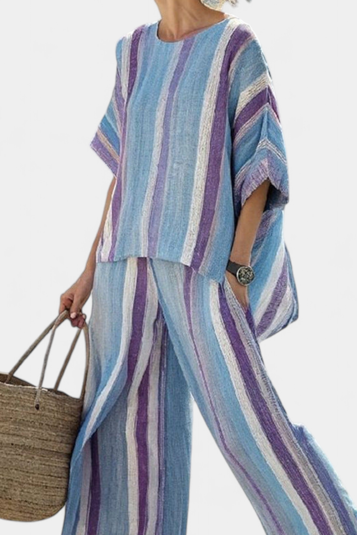 Faelith Elegant Mauve Pastel Top with Striped Linen Pants Set - Stylish Women's Outfit