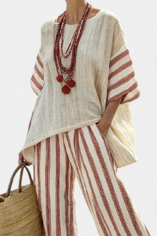 **Braelith Elegant Rustic Striped Top with Cream Linen Pants Set - Chic Boho Style Outfit for Women**