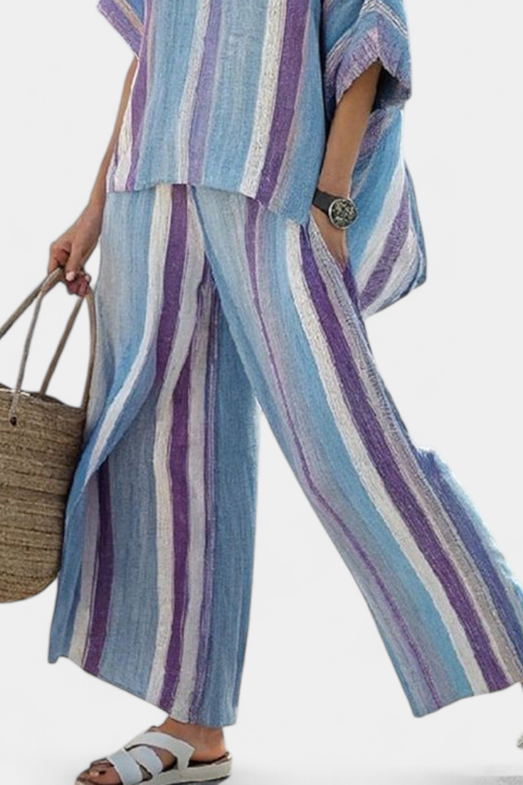 Faelith Elegant Mauve Pastel Top with Striped Linen Pants Set - Stylish Women's Outfit