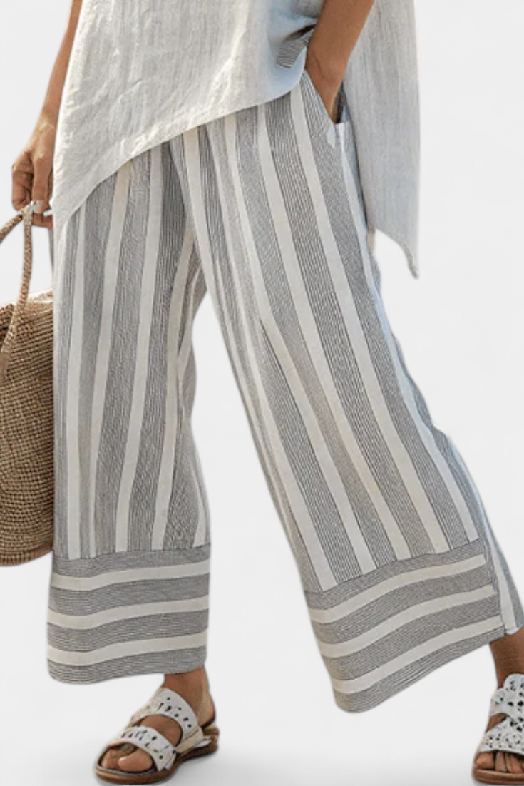 Talvora Elegant Asymmetrical Blouse & Striped Pants Set - Chic Women's Fashion Outfit