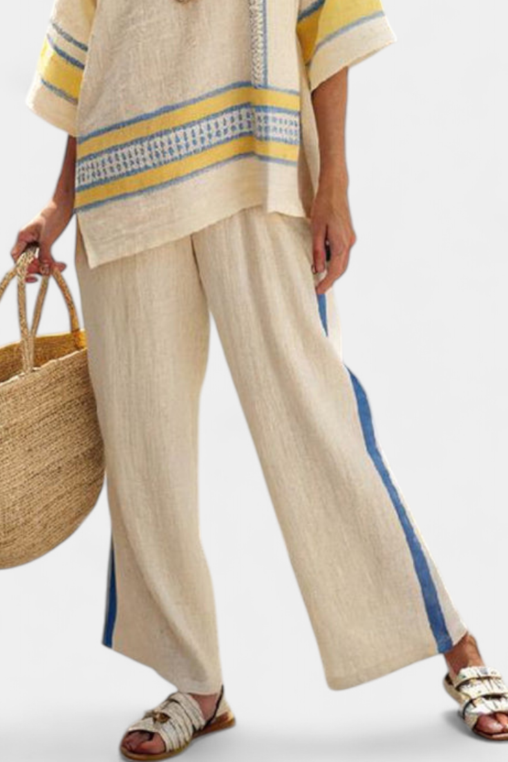 Jaxmere Comfortable Blue & Yellow Mediterranean-Inspired Top with Linen Pants Set - Stylish Summer Outfit