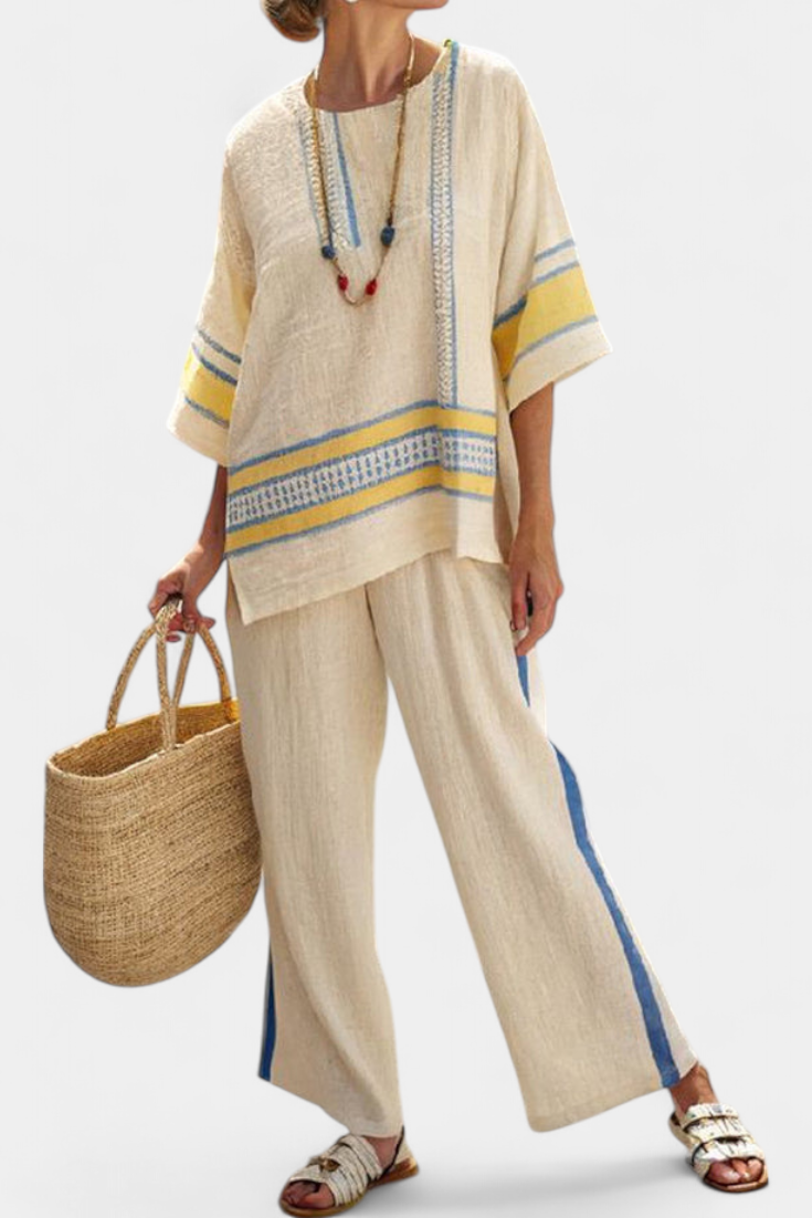 Jaxmere Comfortable Blue & Yellow Mediterranean-Inspired Top with Linen Pants Set - Stylish Summer Outfit