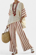 **Braelith Elegant Rustic Striped Top with Cream Linen Pants Set - Chic Boho Style Outfit for Women**