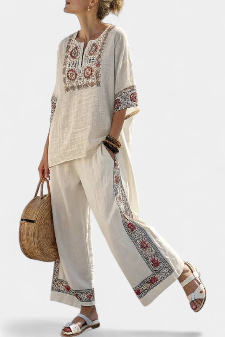 **Tameric Sophisticated Embroidered Raw Blouse & Wide-Leg Pants Set | Elegant Women's Fashion Outfit**